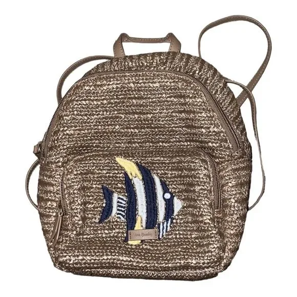 Vera Bradley Warm Stone Straw Mini Convertible Backpack Fish Applique EUC - Picture 2 of 6